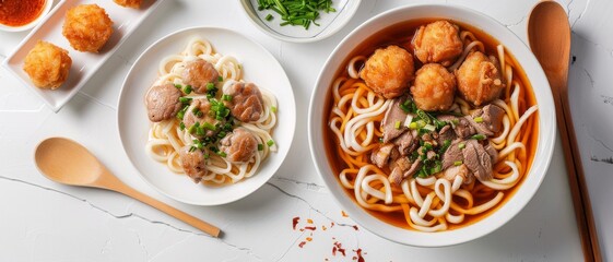 Delicious a bowl of udon noodles with thick soup and meats, green chives toping. Beside it is a plate of fried shrimp balls. Placed next to wooden chopsticks and a wooden spoon. 