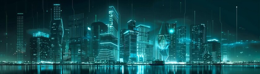 A futuristic city skyline with holographic images representing blockchain technology