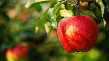 Ripe red apple hanging from the tree