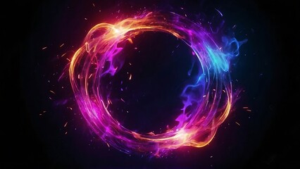Abstract neon energy sphere of particles and waves of magical glowing on a dark background, circle and loop frames with magic purple and pink flame and sparks isolated on transparent