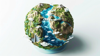 Fototapeta premium 3D earth logo vector with green trees, photovoltaic panels, and electric cars, in the style of Pieter Brueghel the Younger, C4D rendering style, miniatures, white background, earth showing diverse 