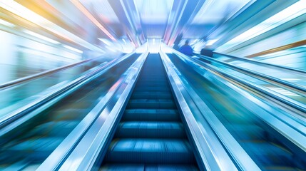 Obraz premium blurred background metro escalator / light blue background movement city infrastructure subway