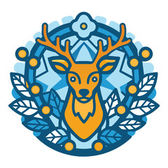 Fototapeta premium A stylized deer head with antlers inside a circular frame of blue and white leaves and stars