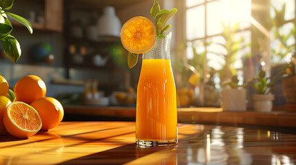 A gleaming glass carafe filled with freshly squeezed orange juice, glistening in the morning sunlight
