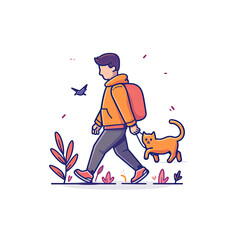 A Man Walking With A Cat Symbolizes, Cartoon Illustration