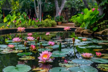 A tranquil pond adorned with blooming lotus flowers generated by AI