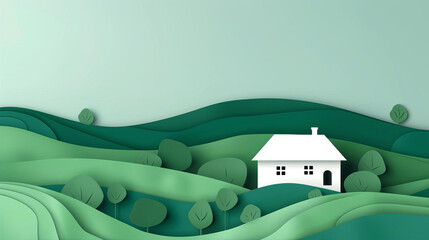 A minimalist paper cutout of a simple house in a serene green landscape