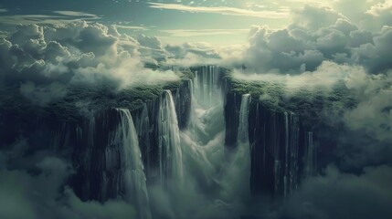 A surreal landscape of waterfalls flowing upwards into the sky generated by AI