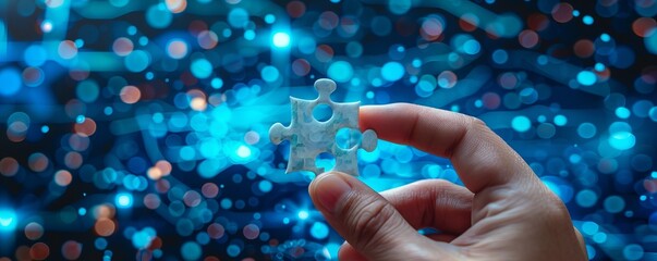 A hand holds a puzzle piece against a background of blue digital circuits, representing technology integration and problem-solving.