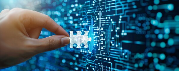 A hand holds a puzzle piece against a background of blue digital circuits, representing technology integration and problem-solving.