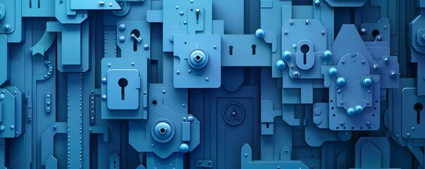 Fototapeta premium Blue metallic background with various locks and keys.