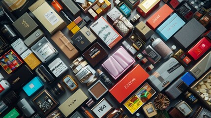 a pile of products from as seen from above, hyperrealistic 4k