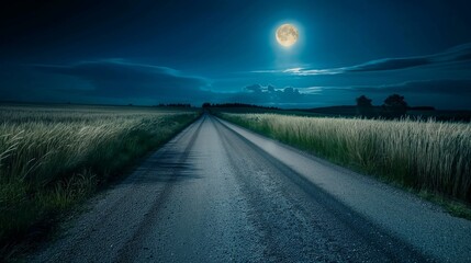 A long, empty road through the countryside at night, with fields of tall grass gently swaying under the moonlight 32k, full ultra hd, high resolution
