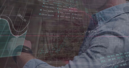 Image of data processing over caucasian man with smartwatch