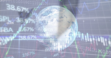 Image of data processing over globe and banknotes