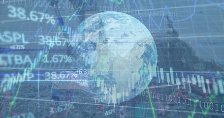 Image of data processing over globe and rubbish dump