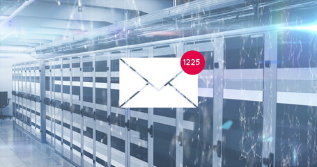 Image of live count on envelope with geometric shape and lens flare over server room