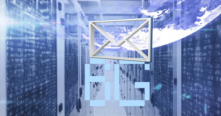 Image of envelope icon, 6g text and globe over illuminated server room and lens flare