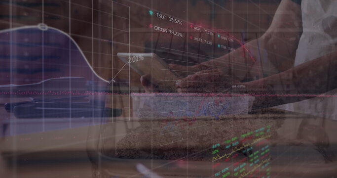 Image of data processing over woman boxing with male coach in gym