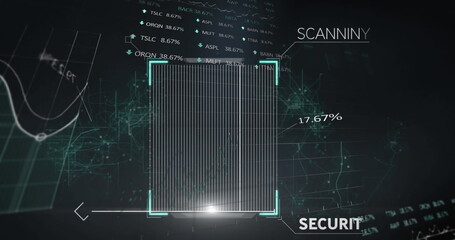 A digital composite image of a white qr code scanning over statistics and graphs rolling on a black 