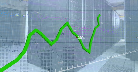 Image of growth graph over increasing numbers and dots forming graph over server room