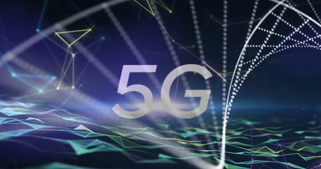 Image of 5g text, dna strand and data processing over grid
