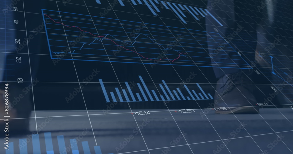 Poster a computer-generated image of financial data and graphs being displayed on the feet of diverse busin