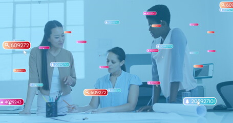 Image of social media icons with numbers over diverse business people having meeting at office