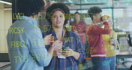 Image of stock market data processing over diverse man and woman discussing at office