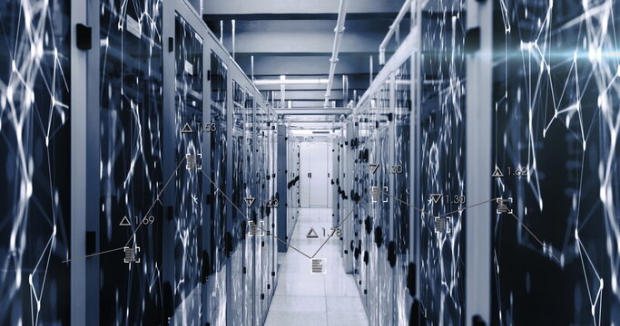 Image of statistical data processing against plexus networks trails over computer server room