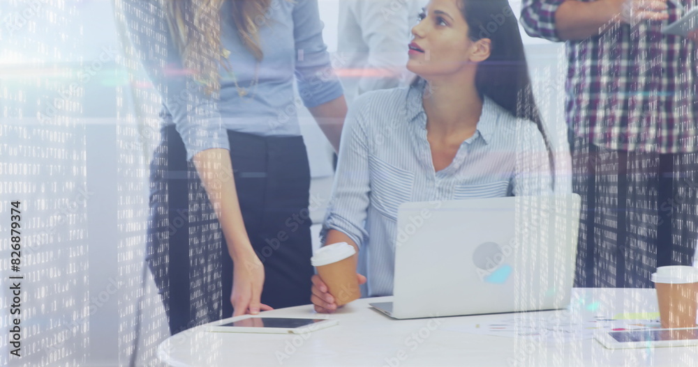 Sticker Image of screens with mosaic squares over diverse colleagues discussing together at office