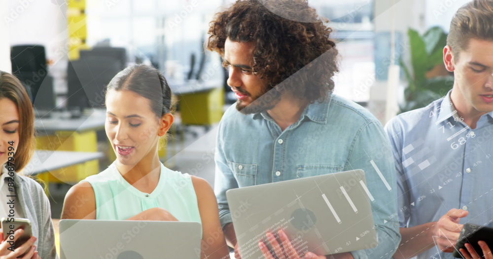 Poster image of statistical data processing over diverse colleagues using electronic devices at office