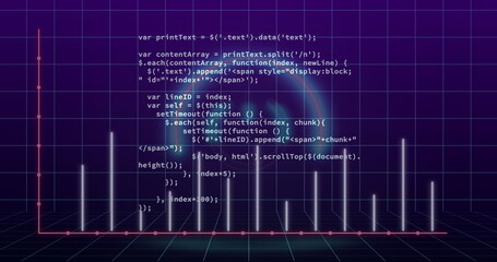 Image of statistical data processing over glowing power button icon against purple background