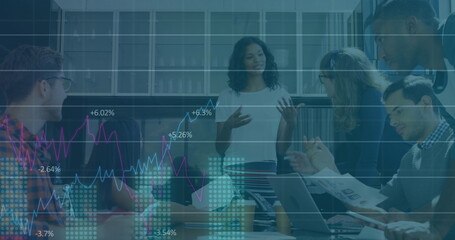 Image of data processing over diverse business people working in office