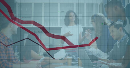 Image of statistical data processing over african american woman giving a presentation at office