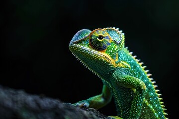 Fototapeta premium Colorful chameleon perched on tree branch against dark backdrop, blending into its surroundings in nature's beauty