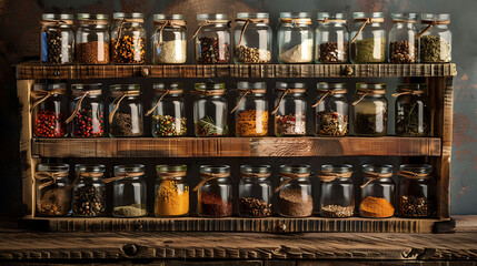 A rustic wooden spice rack filled with jars of exotic seasonings, adding depth and complexity to every dish - Powered by Adobe