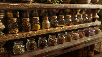 A rustic wooden spice rack filled with jars of exotic seasonings, adding depth and complexity to every dish