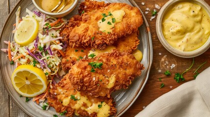 Delicious a plate of fried chicken cutlets with coleslaw and a lemon slice, on the side is mustard sauce in a small bowl.