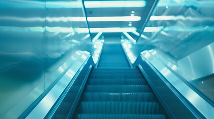 Fototapeta premium blurred background metro escalator / light blue background movement city infrastructure subway