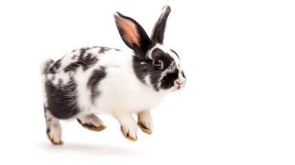 Fototapeta premium Joyful Dutch rabbit hopping gracefully across a pristine white surface.