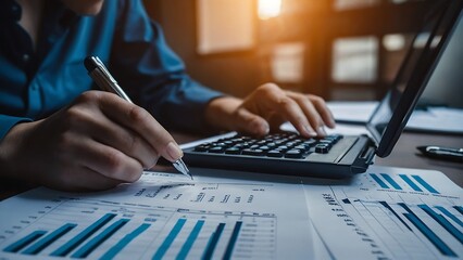 Fototapeta premium Business analyst checking in financial statement for audit internal control system. Accounting and Financial Concept, generate ai