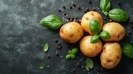 Fresh potatoes on the black backgrounds top view. Organic Potato. Food concept. Fresh concept. Potato concept. Organic concept.