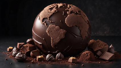 World chocolate day, A realistic depiction of Earth globe surrounded by chocolate pieces, truffles,...