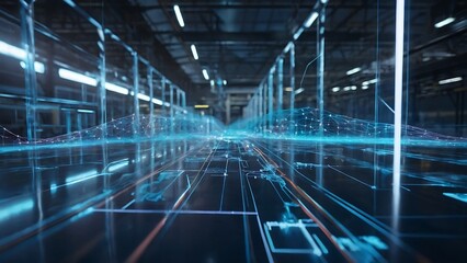 A holographic projection of a supply chain network diagram in a logistics center, business, dynamic and dramatic compositions, generate ai