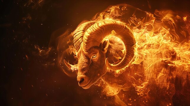An illustration of a ram with fire around it. The ram is facing the viewer and has its head turned slightly to the right. The fire is orange and yellow and looks like it is coming from the ram's body.
