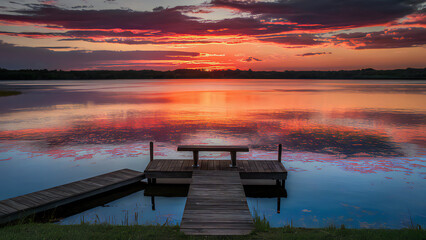 Fototapeta premium Vibrant Sunset Over Serene Lake: Nature's Colorful Reflections