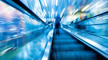 Obraz premium blurred background metro escalator / light blue background movement city infrastructure subway