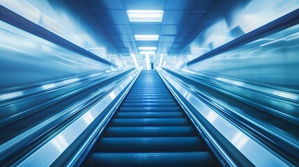 Obraz premium blurred background metro escalator / light blue background movement city infrastructure subway