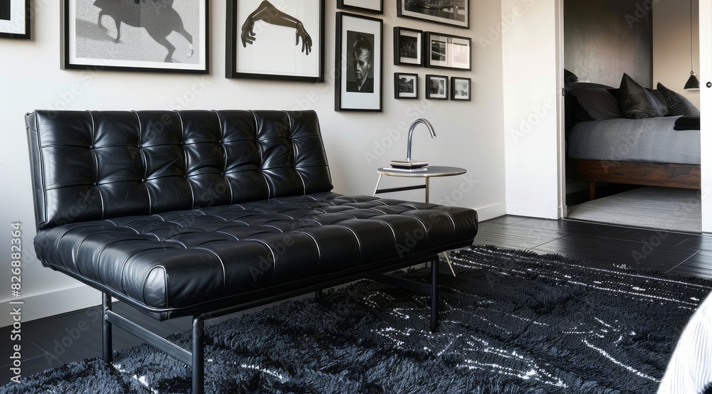 Wall mural a comfortable black-themed bedroom with a tufted black leather bench, a black area rug, and a galler - Wall murals